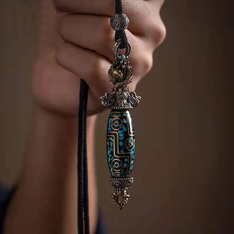 QN Silver Color National Tide Retro Buddhist Vajra Dzi Pendant Men's Necklace Personality Trendy