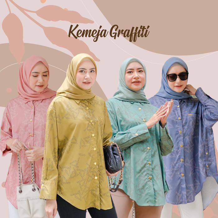 Mylady Hijab Kemeja Graffiti atasan muslim wanita Kancing Oversize Baju Panjang Basic Hitam Kerja