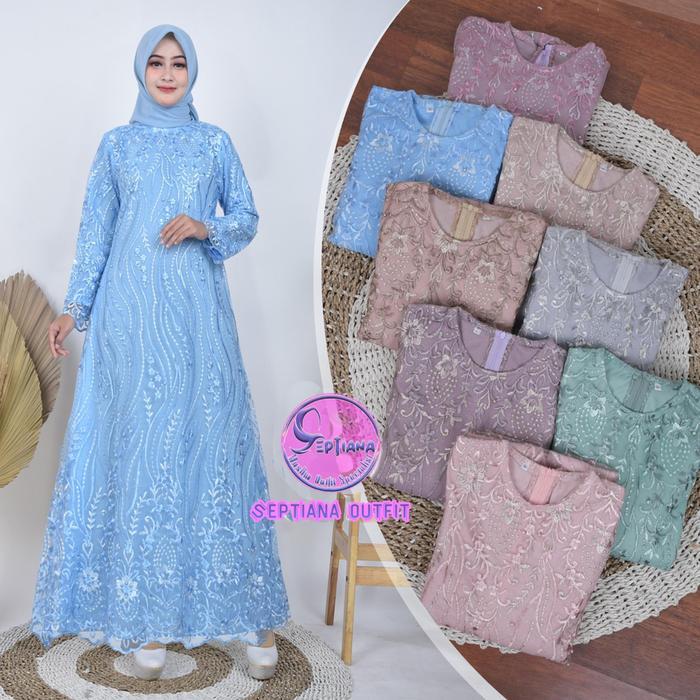READY Septiana- Gamis Brukat Tile Mutiara Motif Akar Dress Burkat Tile Kondangan Elegan Simple Maxi