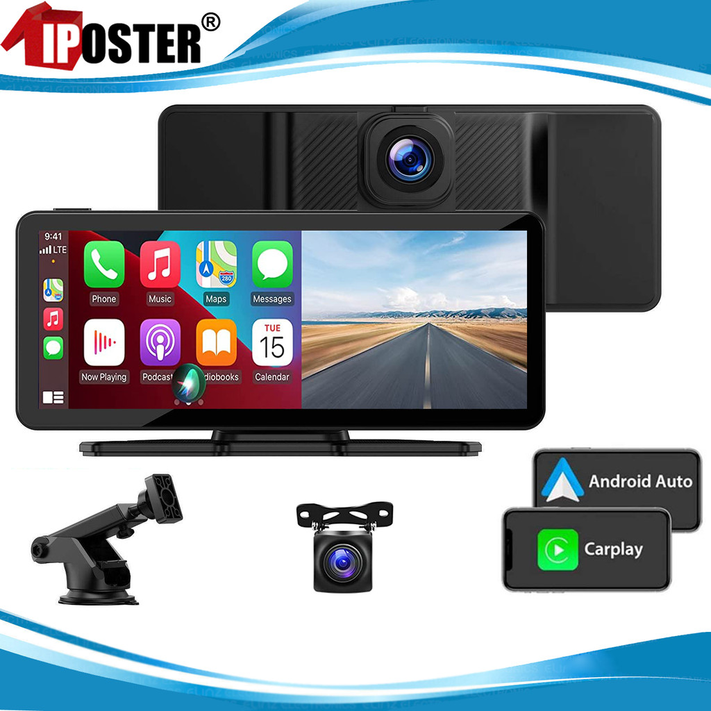iPoster 10.26 Inch Dash Cam Wireless CarPlay & Android Auto FM Bluetooth Audio Car DVR GPS Video Rec