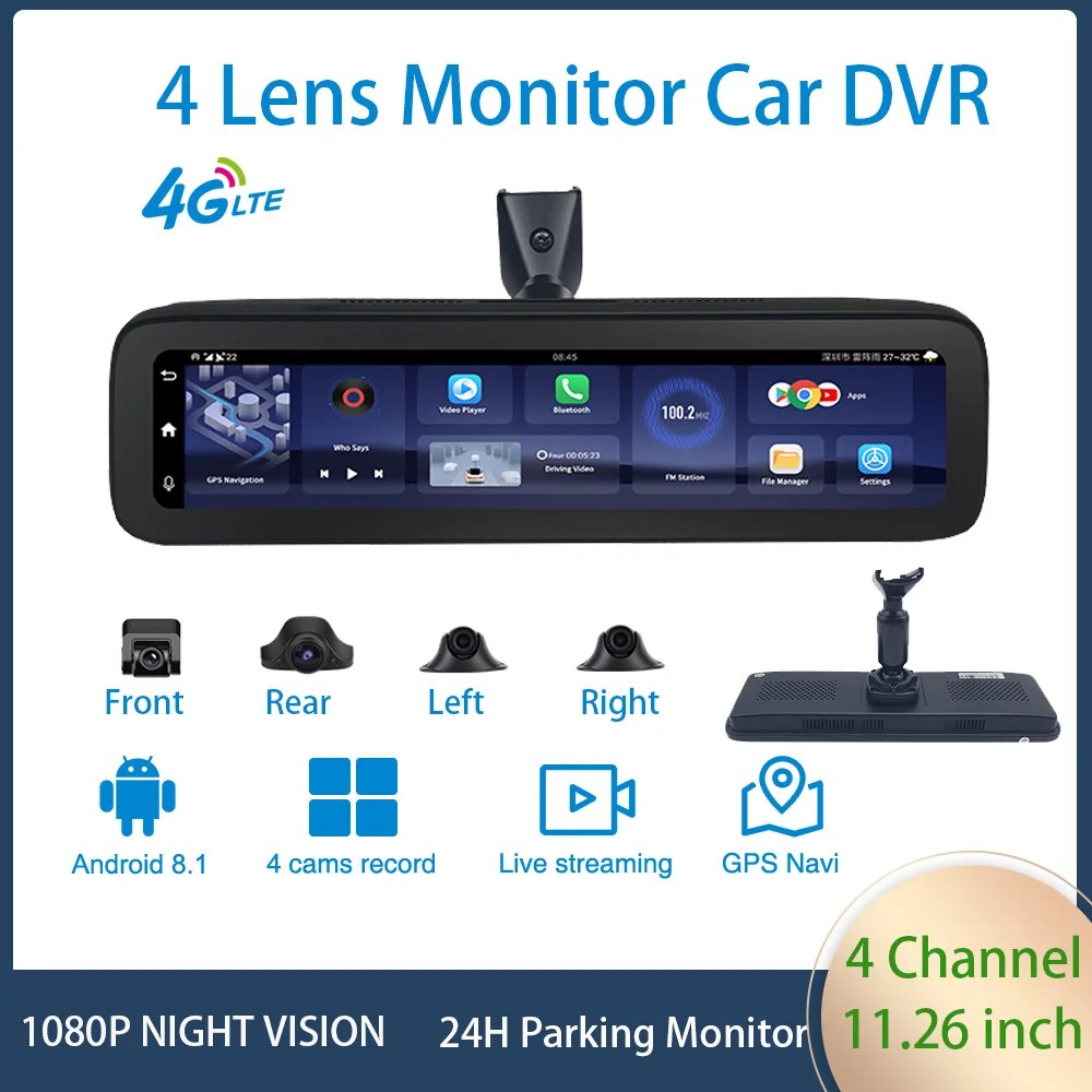 Android 2GB+32GB Dash Cam 4 Lens Mirror Cameras Support 4G 360° HD 1080P Auto Built-in GPS WIFI ADAS