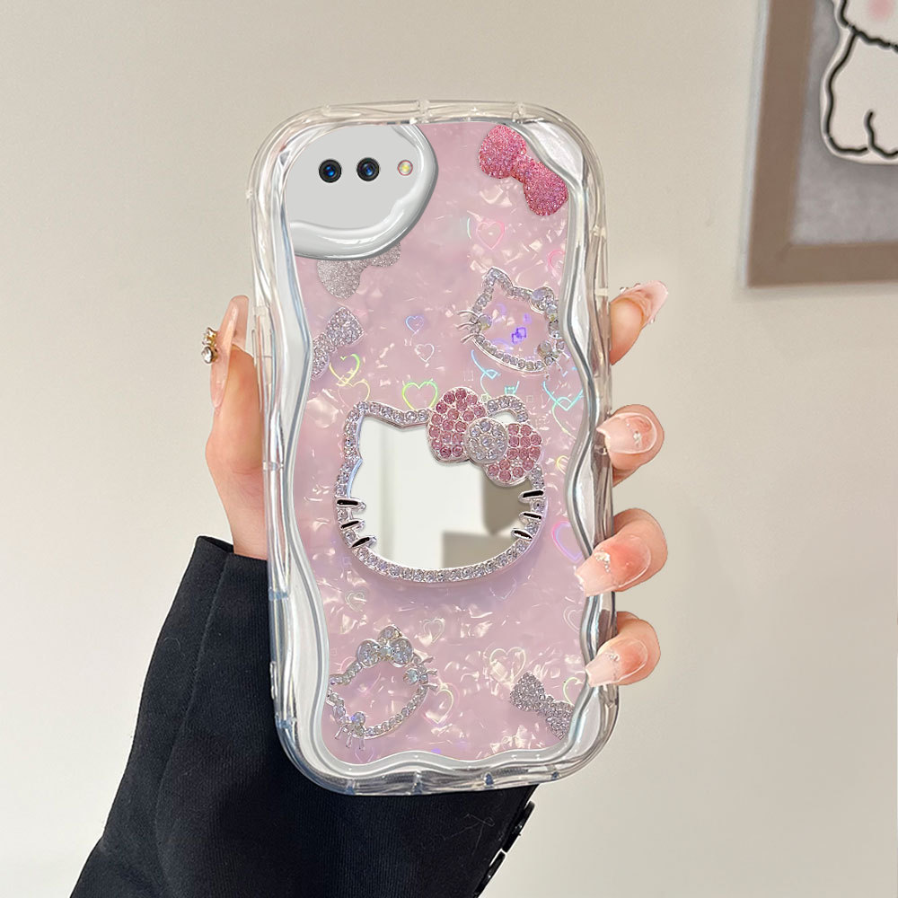 Phone Case Fashion Cermin Pink Diamond Heart Mirror Cover For OPPO A3S A12E Untuk Casing Hp Softcase