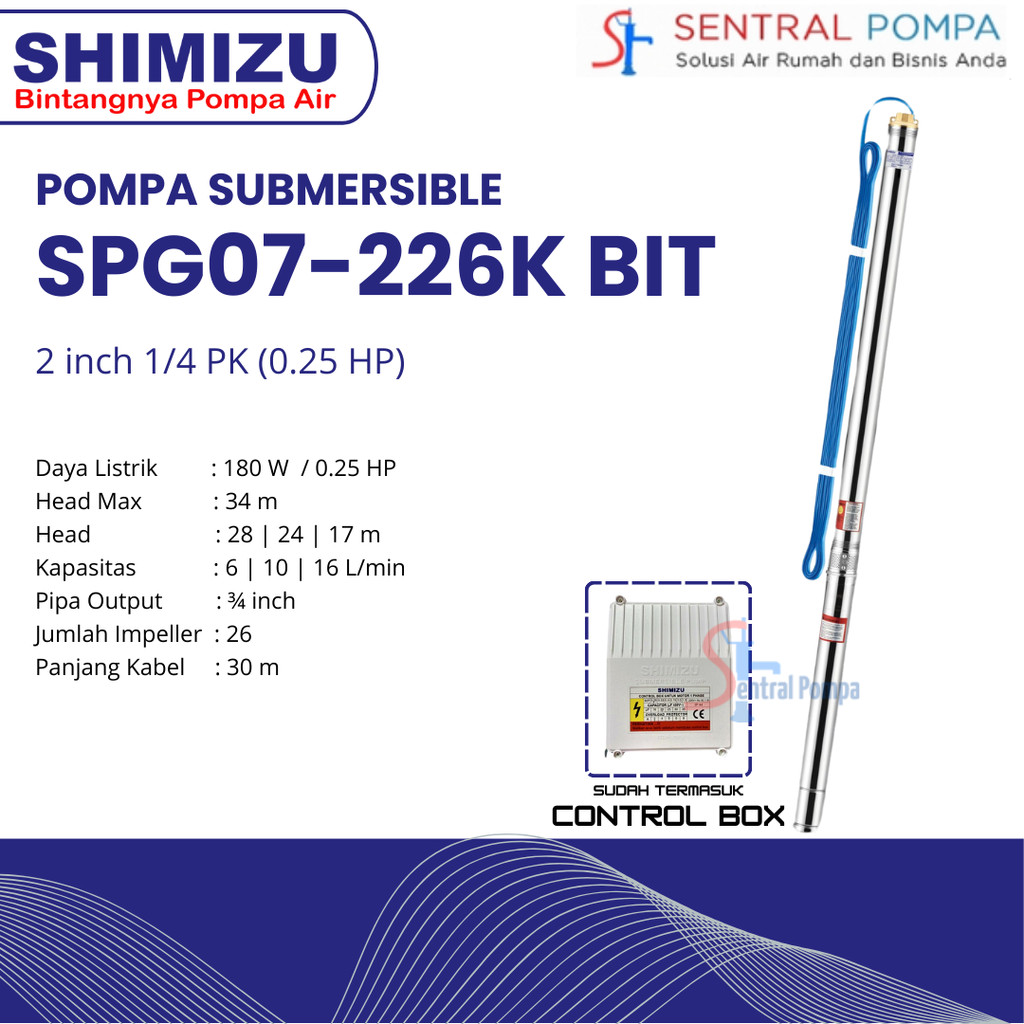 Shimizu SPG07- 226K BIT + kabel 30m Pompa Submersible 1/4 HP 2 Inch