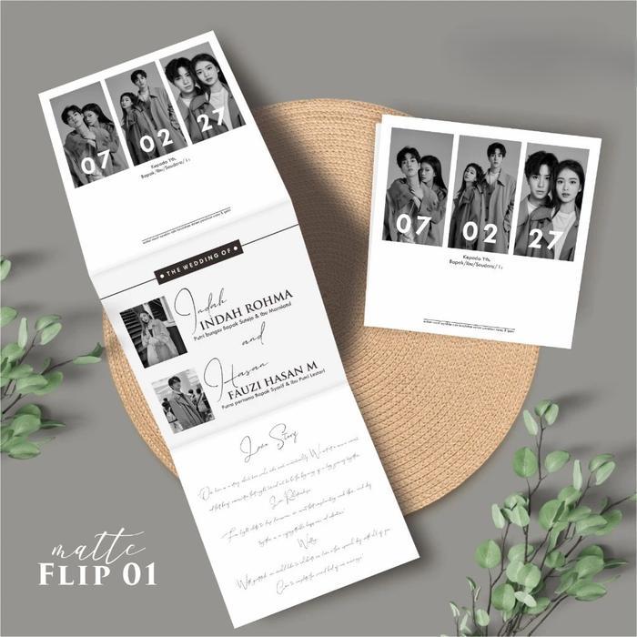 JTTOP" (50 PCS) UNDANGAN PERNIKAHAN UNIK AESTHETIC LIPAT TIGA FREE FOTO MATTE FLIP BW ASHA