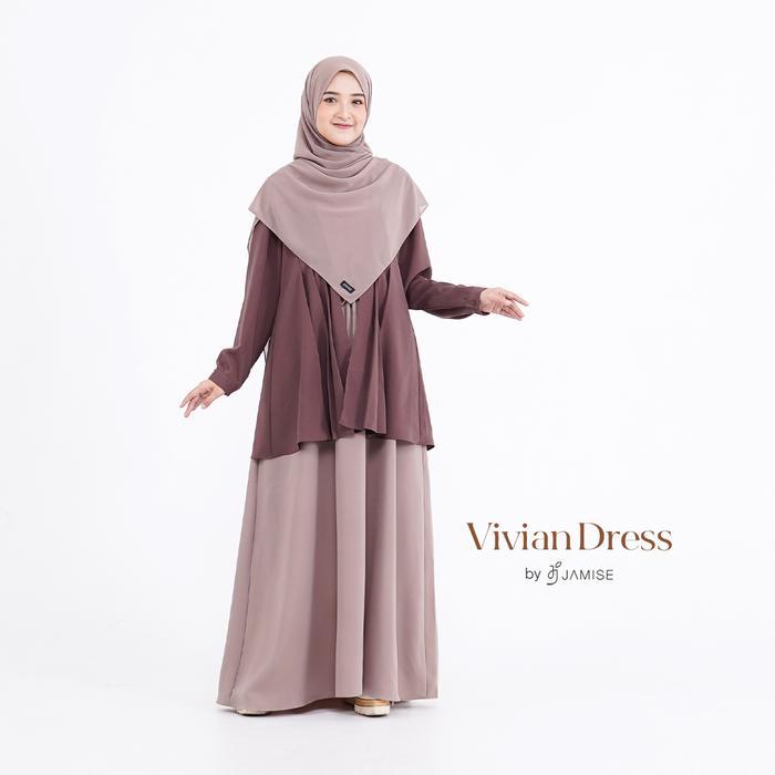 Vivian Dress Gamis Casual Panjang Basic Simple Variasi Plus Outer Dua Warna Serut Layer Syari Zipper