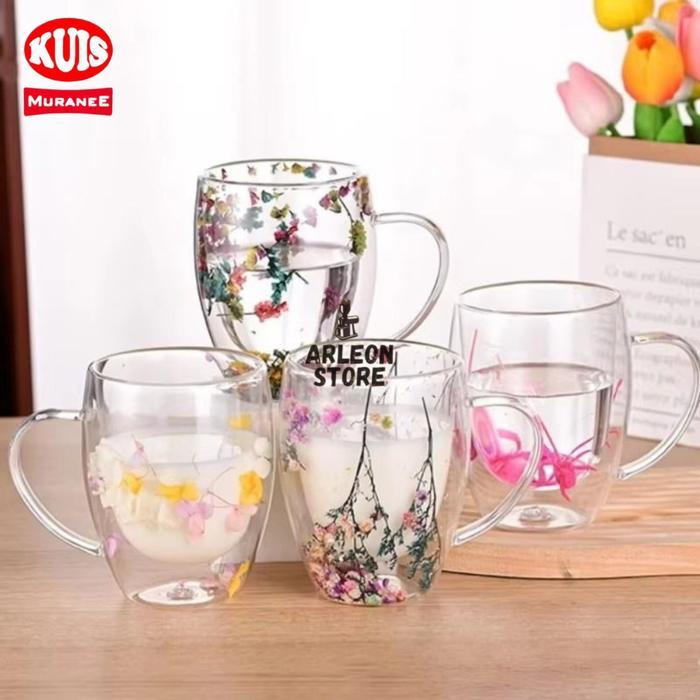 Gelas Kaca Double Wall Motif Bunga Gelas Minum Kaca Korea