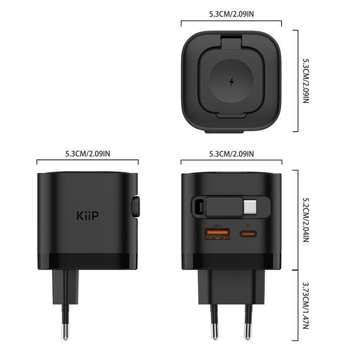 KiiP WH30 3in1 Adapter Fast Charger GaN 35W Retractable Cable Built in Magnetic Wireless