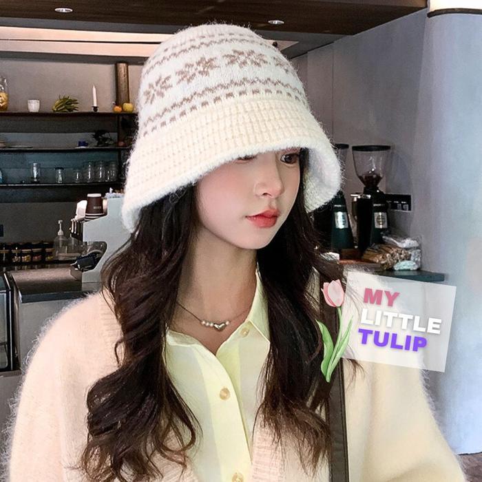 Topi Bucket Rajut Motif / Topi Wanita Korea Bisa Dilipat / Topi Cewe Buket Hat Winter / Topi Motif