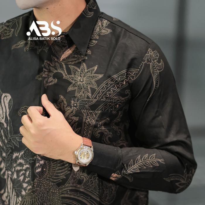 ALISA BATIK SOLO Parangseling Kemeja Batik Kain Katun Lengan Tangan Panjang Batik Pria Hitam Lengan