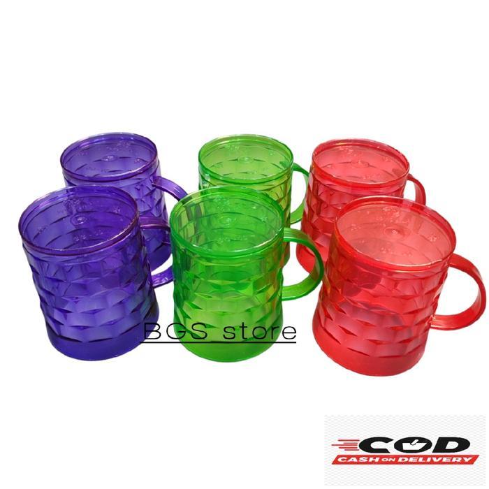Paket 6 Pcs Gelas Minum Kristal Yoyo Motif Tikar/Gelas Gagang Akrilik Plastik 450Ml
