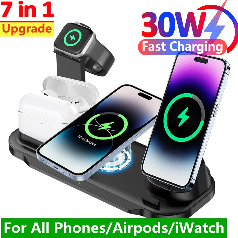 30W 7 in 1 Wireless Charger Stand Pad For iPhone 15-11 Pro Max Apple Watch Airpods Pro iWatch 8 7