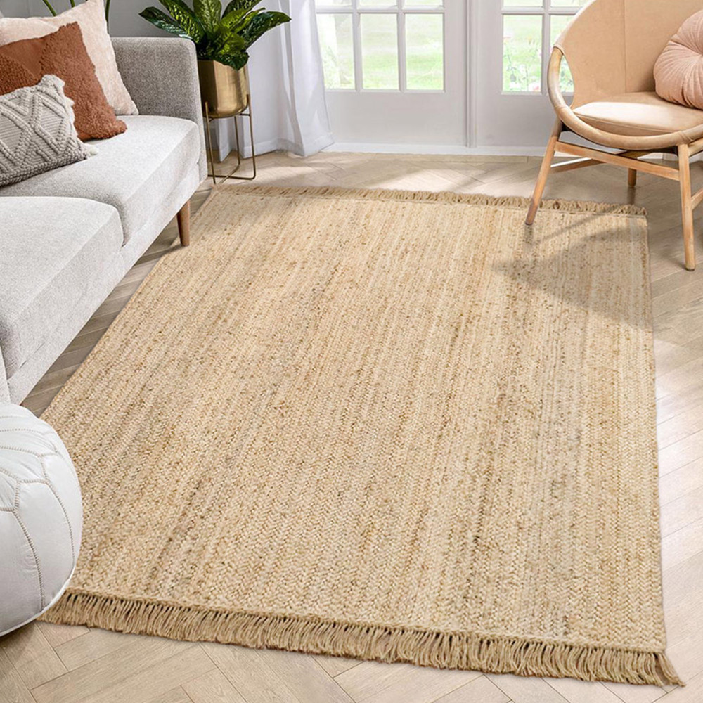 Living Room Carpet Natural Jute Hand Woven Wear Resistant Durable Tassel Rug Fashion Minimalism Home