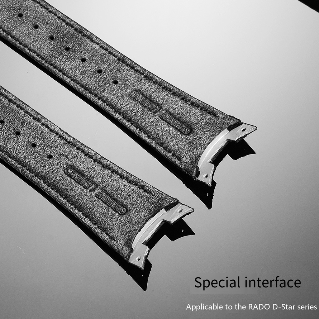 Genuine Leather Watch Band for Rado D-Star Series 26mm Metal Lug Black/Black White line Fold Buckle