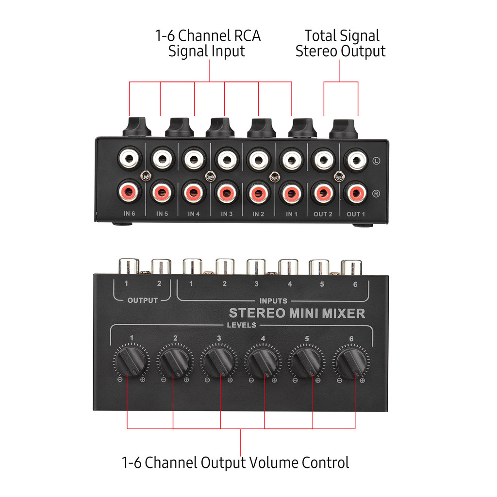 Mini Stereo 6 Channel Passive Mixer RCA Portable Audio Mixer 6 In 2 Out Stereo Distributor Volume
