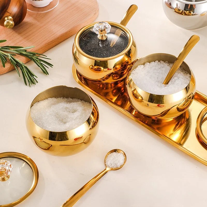 Gold and Silver Household Kitchen Condiment Pots for Serving Sugar Pepper Salt Spice Stainless Steel