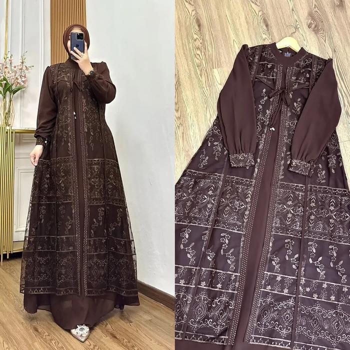 PREMIUM Davina Dress Bahan Ceruty Babydoll Mix Brukat Bling Bling Outer Kondangan Elegan Simple