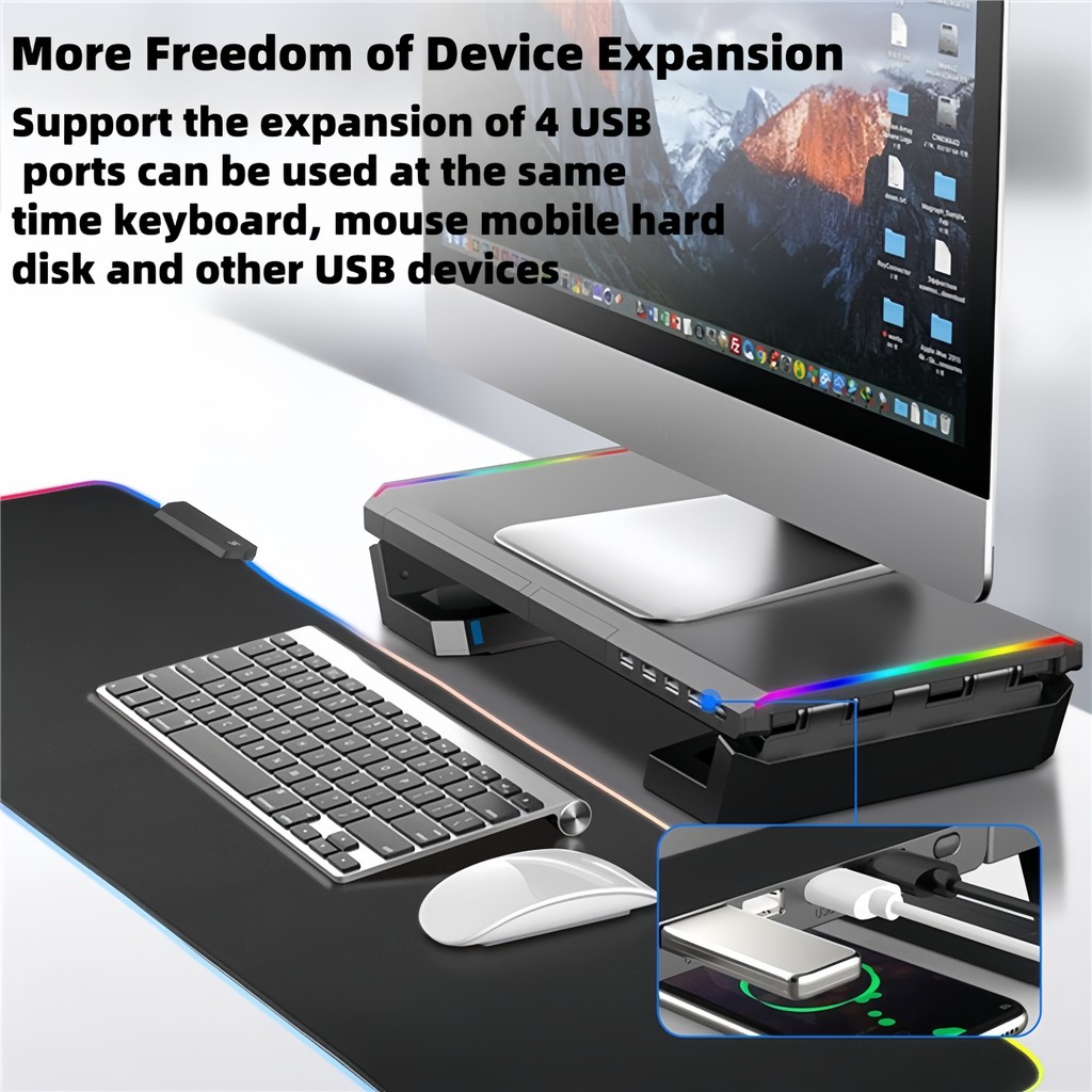 New 4USB PC Monitor Stand 7-color RGB light strip Monitor Arm Storage Space Bar Laptop Monitor Stand