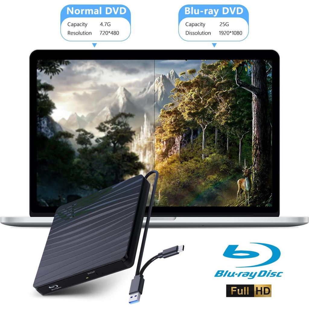 USB3.0 External Blu-ray Optical Drive for Laptop PC Windows 11/10 Mac Portable 3D BD-RW Drive BD DVD