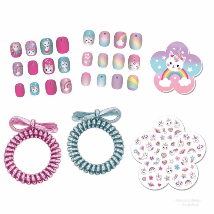 KUKU PALSU ANAK UNICORN FANCY NAILS IKAT RAMBUT PLUS STICKER KUKU