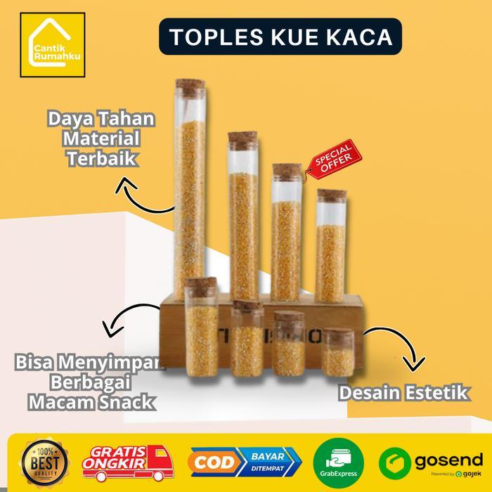 Toples Kaca Kue Kering Tabung Lebaran Penyimpanan Makanan Tutup Kayu