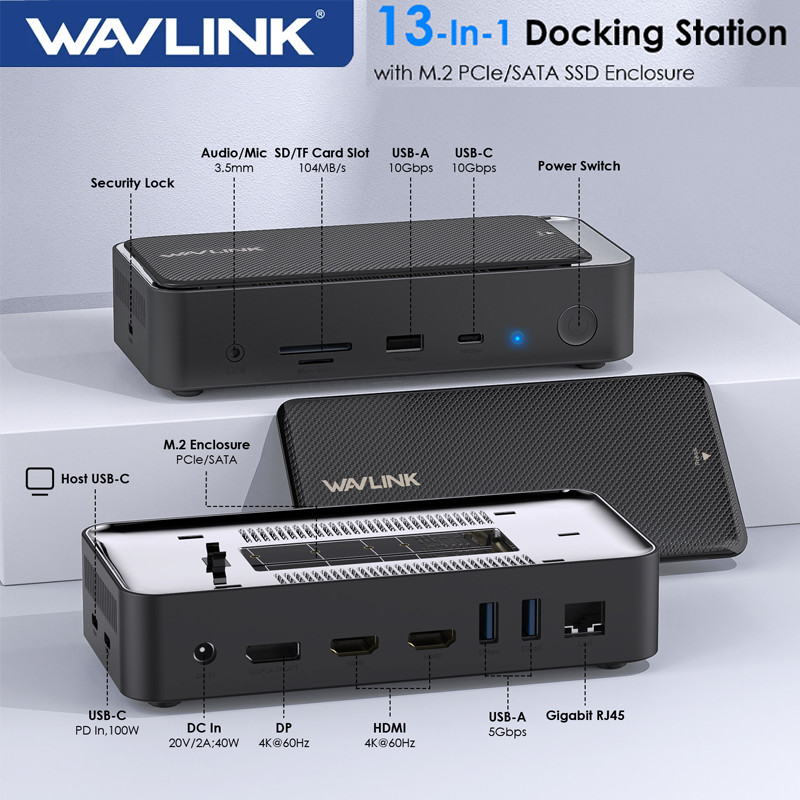 WAVLINK USB C Triple 4K@60Hz Display Docking Station 13-In-1 Type C 5Gbps Hub with M.2 PCIe/SATA SSD