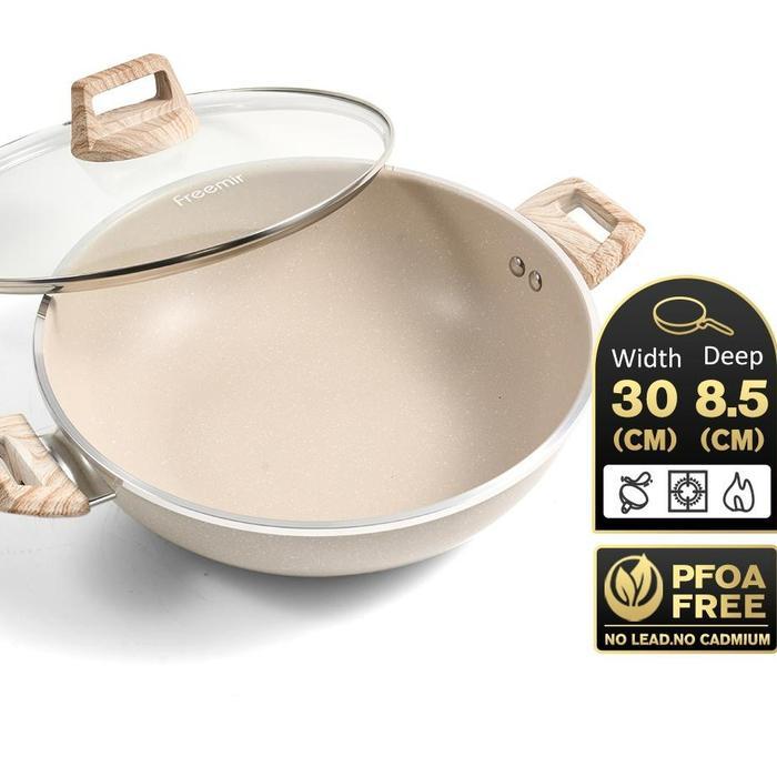 [Crehom Exclusive] freemir Wajan Wokpan Jumbo 30 cm Batu Granit Beige Set Wajan+Tutup+Spatula Wajan