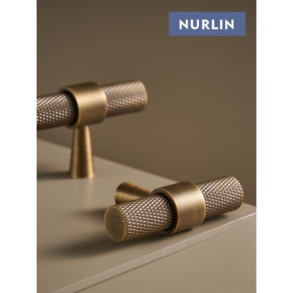 Nurlin Solid Brass Knurled Art Deco Antique Industrial Style Cabinet Wardrobe Drawer Handle T-Bar