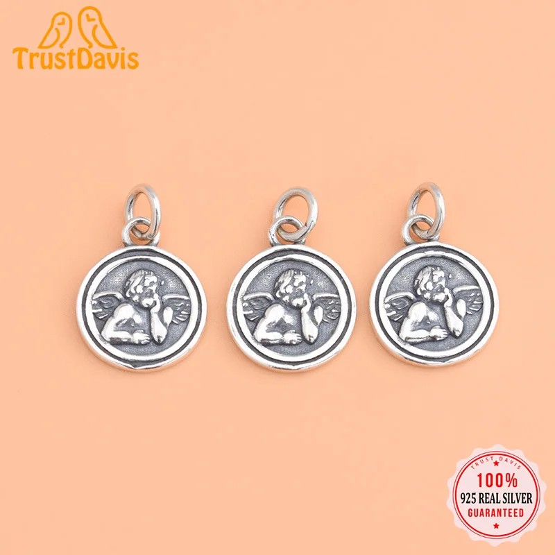 TrustDavis Real 925 Sterling Silver Round Angel Pendant Handmade DIY Necklace Bracelet Accessories