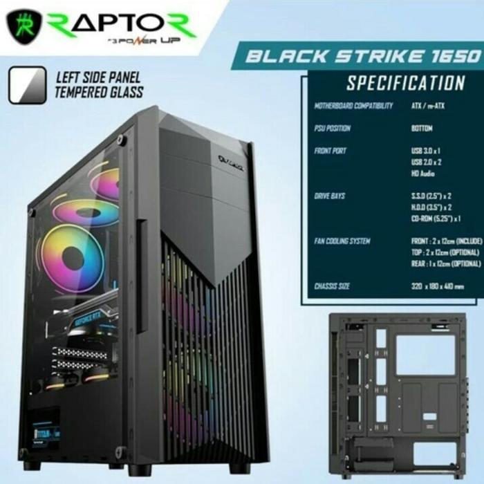 Casing PC Gaming Raptor 1650 + 2 Fan Case Komputer Tempered Glass