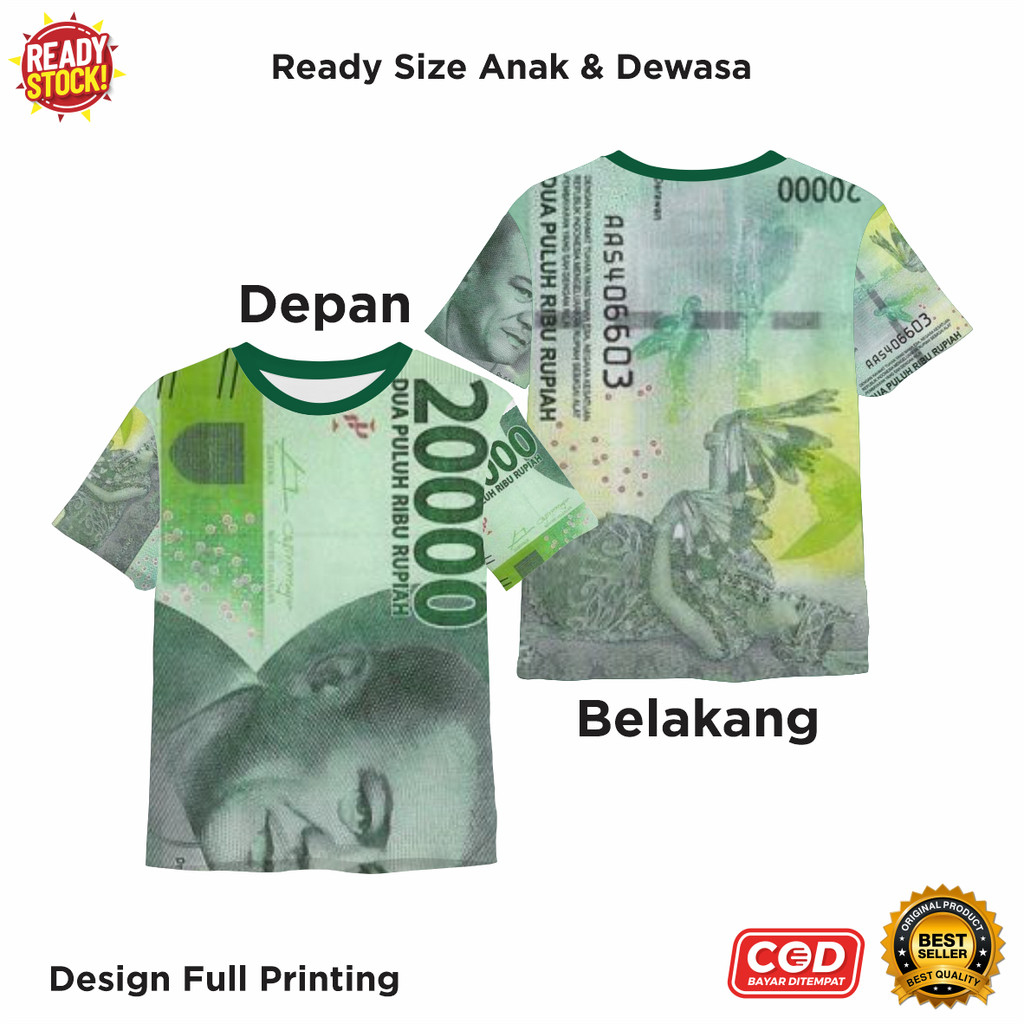 Kaos Uang Dua Puluh Ribu Pecahan Kertas 20k Full Printing Keren | Baju 3D Anak dan Dewasa Unisex - D
