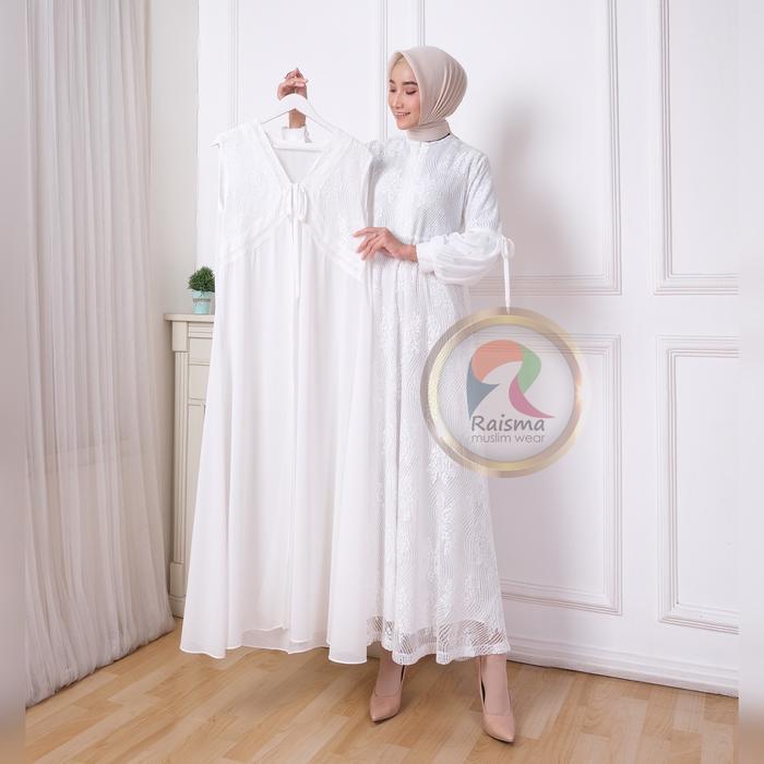 DISKON Raisma - Laila Gamis Syar'i Wanita Putih Tulang Lebaran Cantik Dan Elegan Whit Outwear Brokat