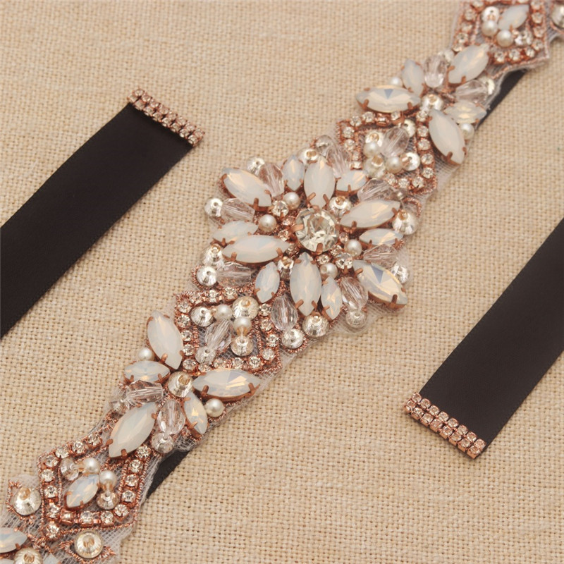 Rose Gold Color Opal Crystal Bridal Sash Pearls Wedding Dress Waistband Dress Belt Accessories