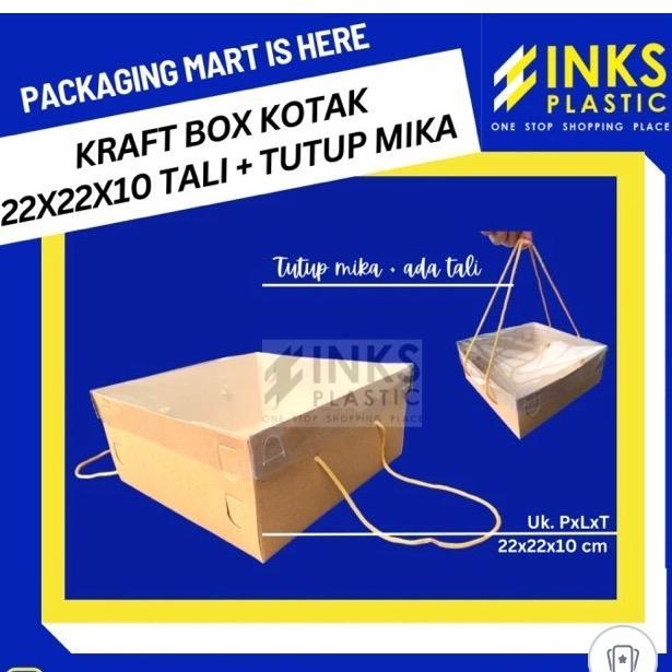 Box Kraft Kotak 22X22X10 Tutup Mika+ Tali Dus Kotak Nasi Kue Bolu