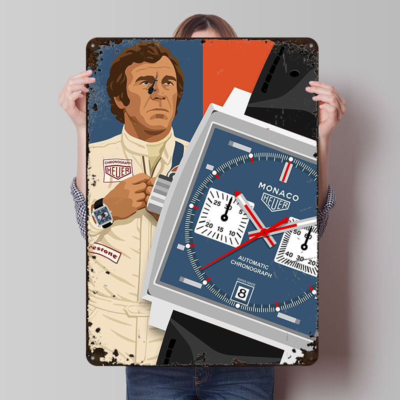 Steve McQueen and Heuer Monaco Watch Printed Posters Customizable Wall Art Retro Vintage Metal Tin