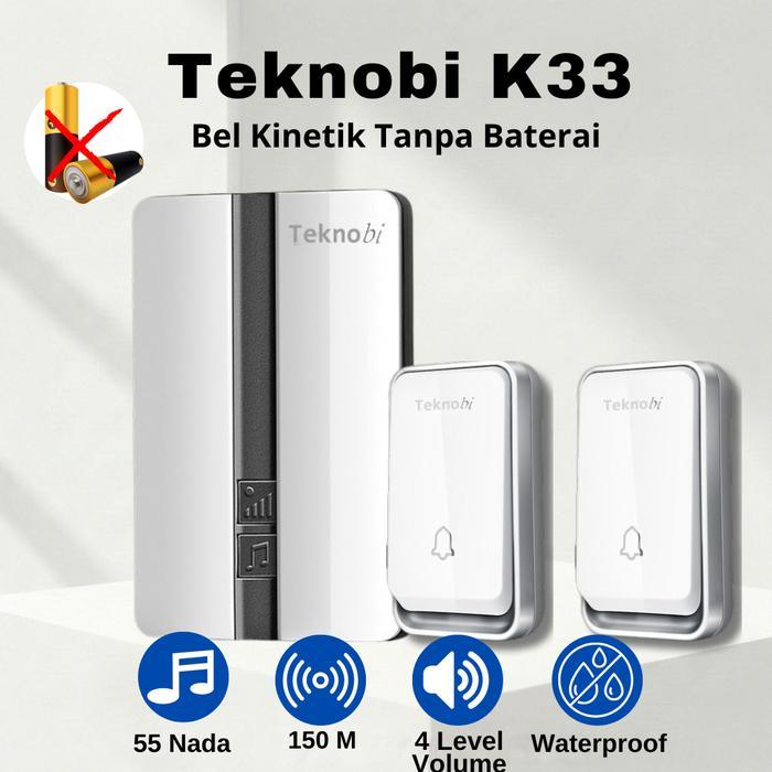 Teknobi Bel Rumah Wireless Kinetik K33 2 Transmitter Tanpa Baterai Tahan Air IP44 dengan Lampu LED