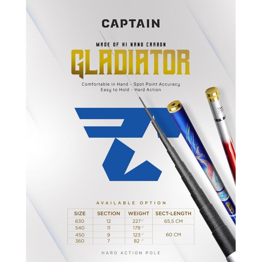 Tegek Carbon Captain GLADIATOR, 2 Warna, 3,6m 4,5m 5,4m Section 60cm, 6,3m Section 65cm + PAPER CORE