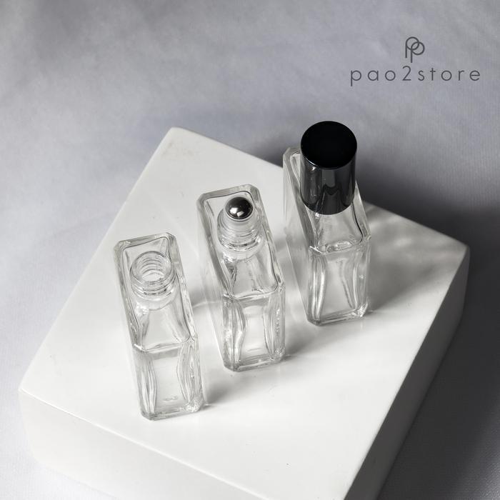 "New" Botol Roll On 15ml - Kaca TEBAL Kotak Pipih - Bola Roller Besi Stainless - Parfum Essential