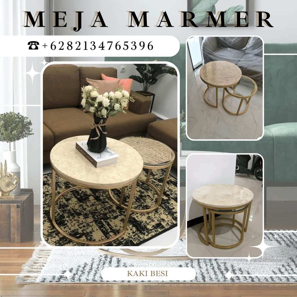 Meja marmer untuk ruang tamu minimalis kekinian material marmer asli kombinasi kaca dan kaki besi
