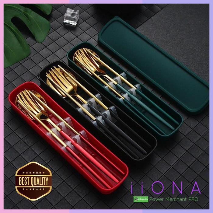 ALAT MAKAN KOREA SET Sendok Garpu Sumpit Stainless Travel Piknik Bekal
