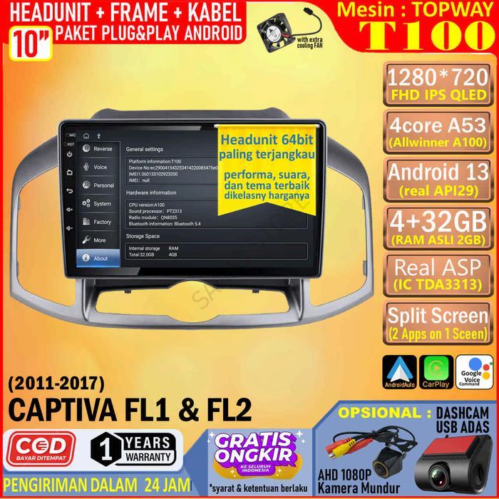 Ready Paket Headunit Android 10 inch + Frame + Soket PNP Chevrolet Captiva FL Facelift Topway T100