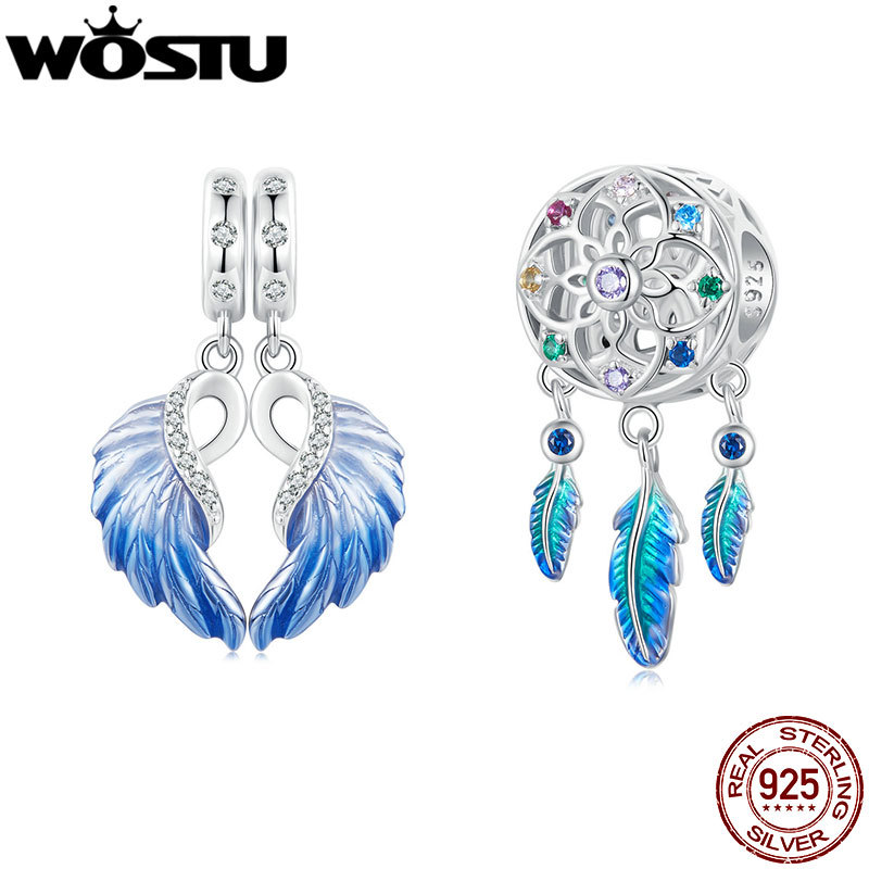 WOSTU 925 Sterling Silver Rainbow Dream catcher Charms Pendant Blue Angel Wing Beads Fit Original
