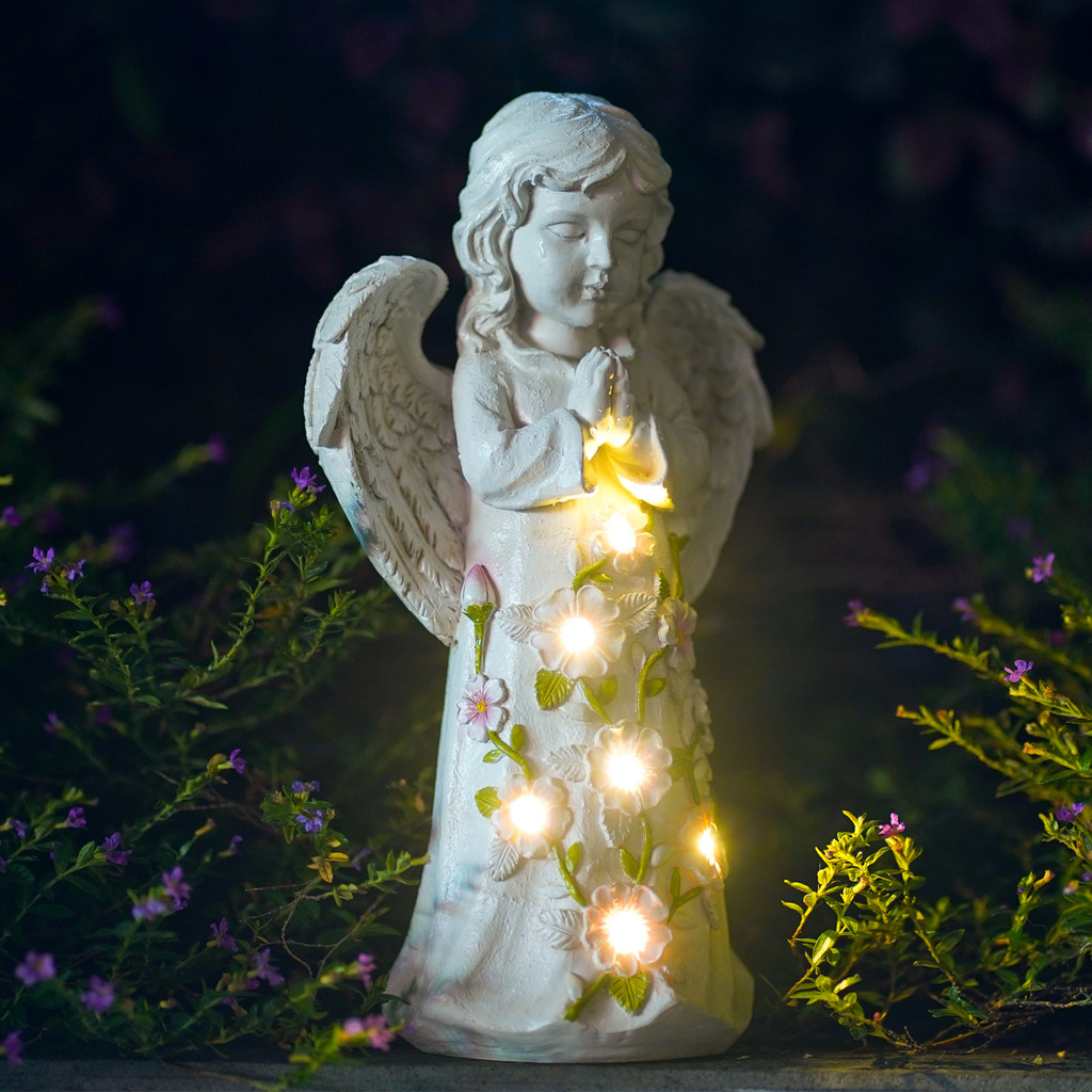 Goodeco Patung Dekorasi Taman Luar Ruangan Malaikat Surya dengan Lampu LED Surya, Hadiah untuk Ibu a