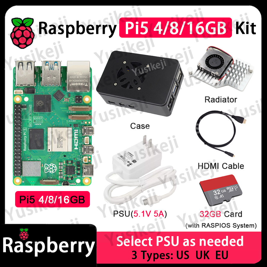 Raspberry Pi 5 4/8/16GB Board or KitPI5 4/8/16GB + Case + Radiator + HDMI Cable + PSU + 32GB Card