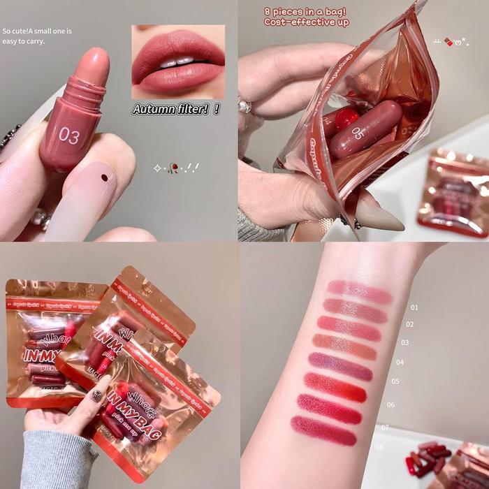 (COD) Lipstik Kapsul Matte Beludru Mini Portabel 8 Warna, Set Lipstik Kapsul Matte Beludru Mini