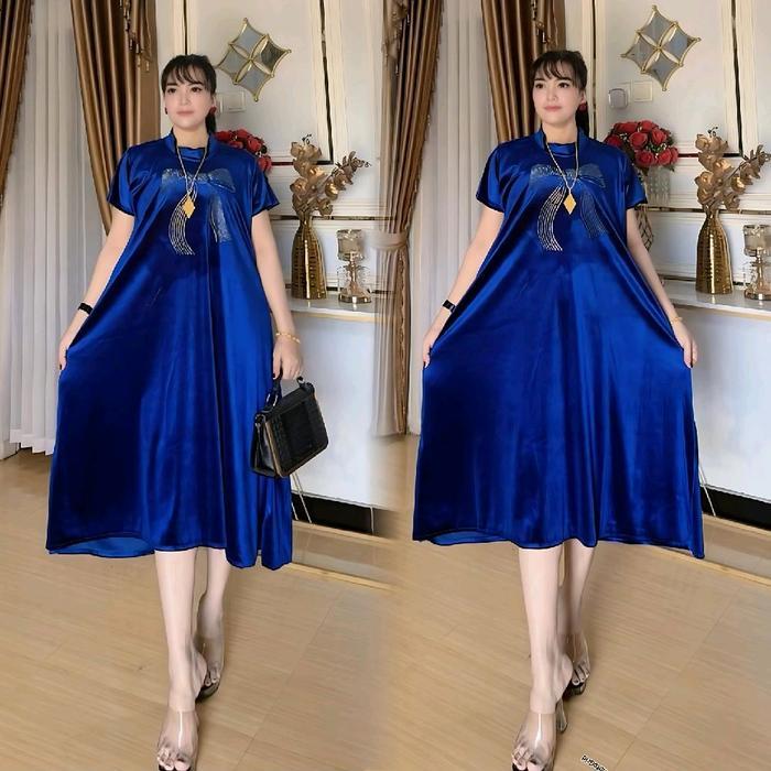 Midi Dress Labiska Bludru Premium Lengan Pendek Rempel Elegan