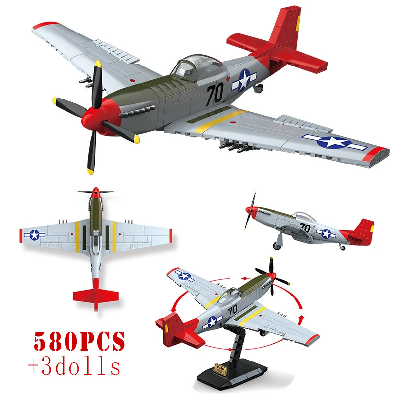 World War Military P-51 Mustang Fighter Building Blocks WW2 Aircraft La-7 Spitfire Yak-1B Bf-109E