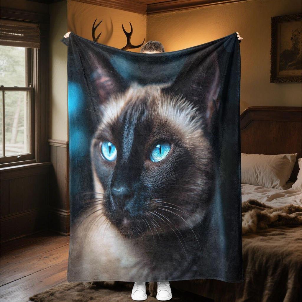 Luxury Siamese Cat Blanket - Ultra-Soft Flannel All-Season Cozy Throw With Siamese Cat Face & Blue