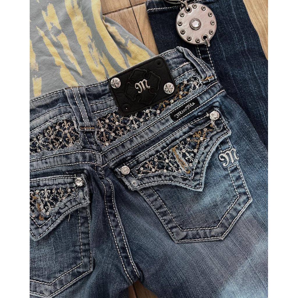 Miss Me Boots Cut Jeans Female Y2K New Blue Jeans Embroidered Rhinestone Sequins Hip Hop Harajuku