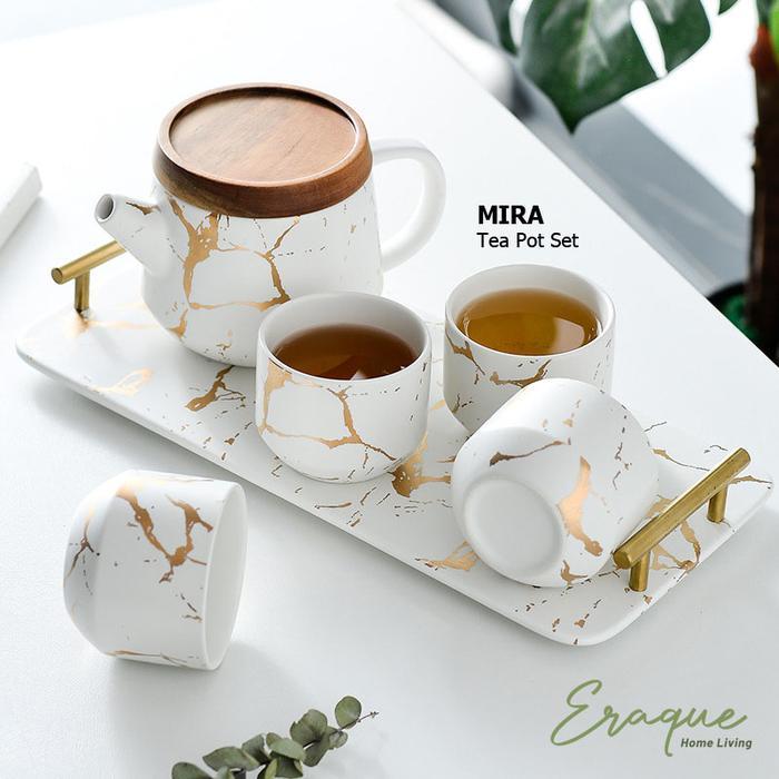 Mira Tea Pot Set / Teko Gelas Cangkir Teh Kopi Set Keramik Marble Kado Gift