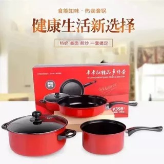 IS - NEW COOKWARE SET 3 PCS / PERALATAN MASAK PANCI SET 3 IN 1 WARNA ANTI LENGKET / PANCI ISI 3 PCS 